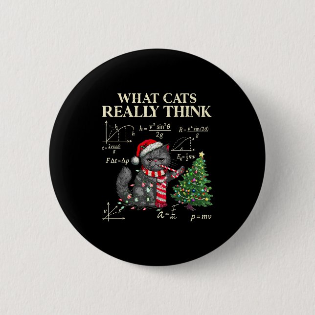 Macaron Rond 5 Cm Funny Black Cat Pushing Xmas Tree Over Cats Physic (Devant)