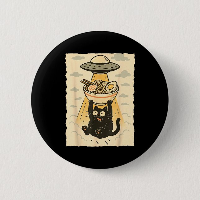 Macaron Rond 5 Cm Funny Black Cat Ufo Ramen Alien Abduction Graphic  (Devant)
