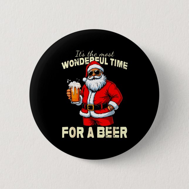 Macaron Rond 5 Cm Funny Christmas Santa Drinking Beer Wonderful Time (Devant)
