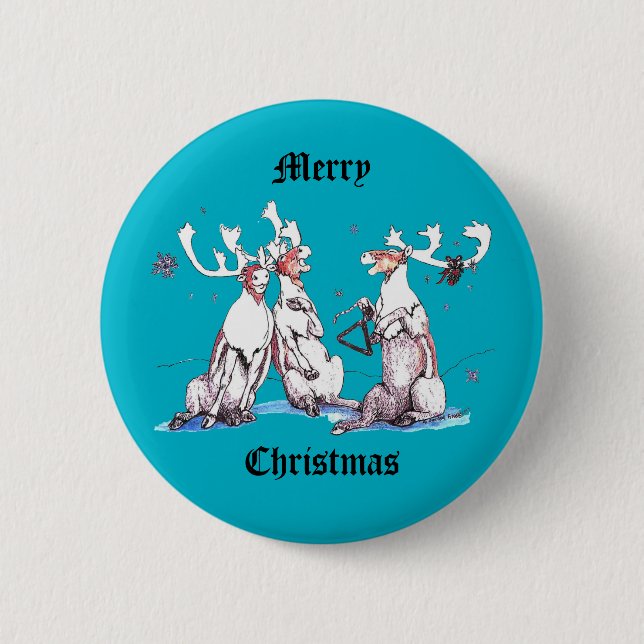 Macaron Rond 5 Cm Funny Christmas Singer Caribou Faune Bleu (Devant)