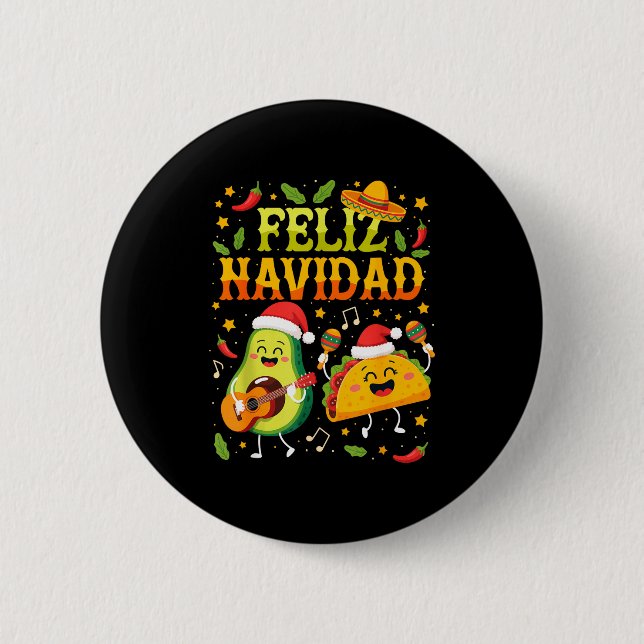 Macaron Rond 5 Cm Funny Feliz Navidad Avocado Tacos Mexican Christma (Devant)