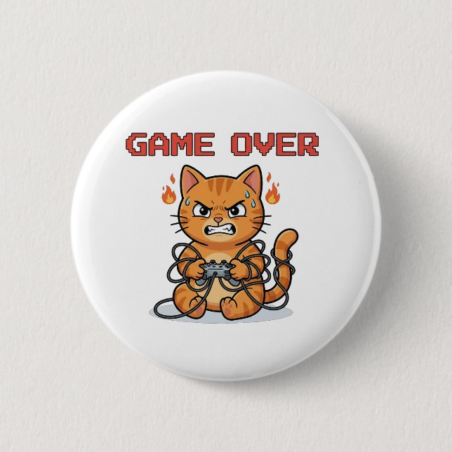 Macaron Rond 5 Cm Funny Gamer Cat Game Over Button (Devant)