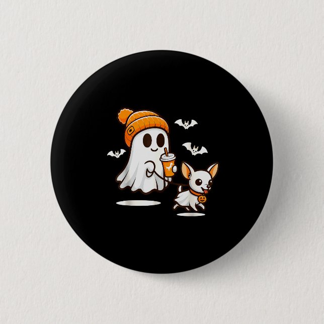 Macaron Rond 5 Cm Funny Ghost Walking Chihuahua Dog Halloween Women  (Devant)