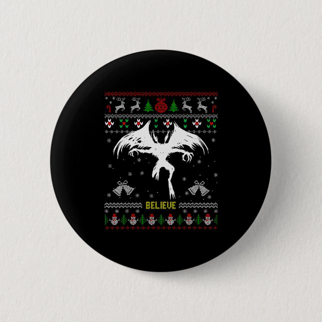 Macaron Rond 5 Cm Funny Mothman Ugly Christmas Sweater Believe Crypt (Devant)