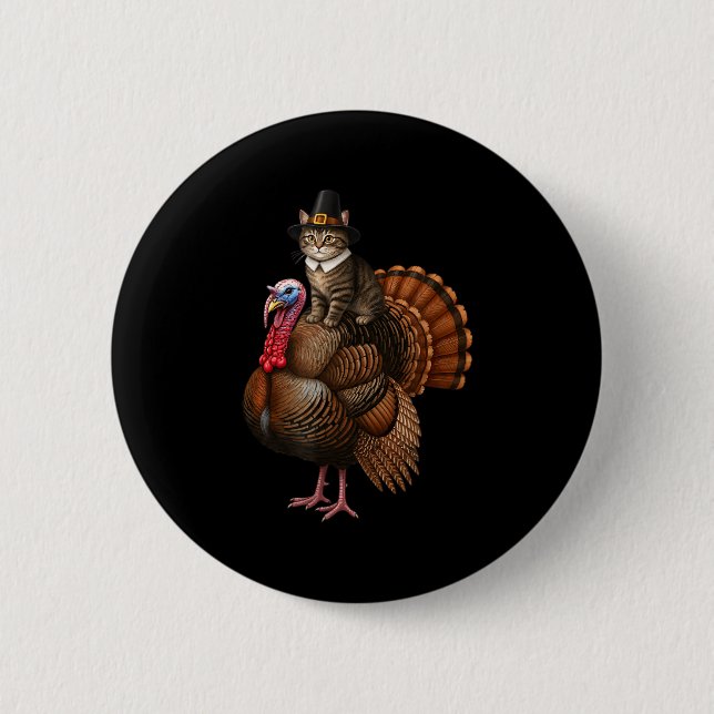 Macaron Rond 5 Cm Funny Thanksgiving Cat On Turkey, Lgrim Hat Turkey (Devant)