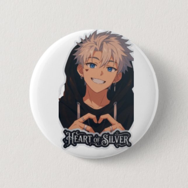 Macaron Rond 5 Cm Garçon Anime au Cœur d'Argent - Esthétique Mignon (Devant)