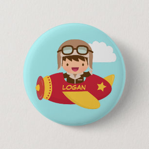 Macaron Rond 5 Cm Garçon Aviateur Mignon Aventure en Avion Pour Enfa