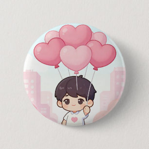 Macaron Rond 5 Cm Garçon Chibi Mignon avec Ballons en Forme de Cœur