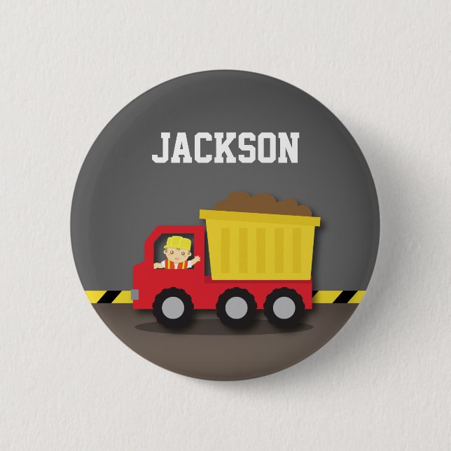 Macaron Rond 5 Cm Garçon constructeur avec camion à benne rouge (Devant)