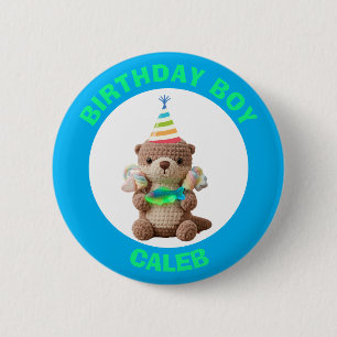 Macaron Rond 5 Cm Garçon d'anniversaire Ours en peluche bleu et ve