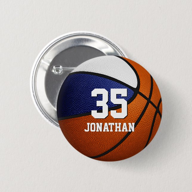 Macaron Rond 5 Cm garçons filles bleu blanc basketball équipe couleu (Devant & derrière)