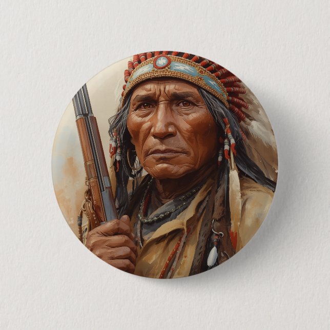 Macaron Rond 5 Cm Geronimo Indian Chief Warrior Portrait (Devant)