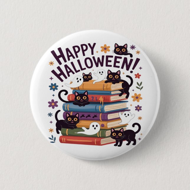 Macaron Rond 5 Cm Ghost Cat Lecture Livres Lover Cadeaux Halloween S (Devant)