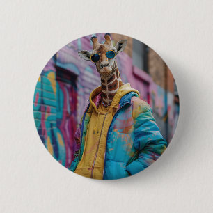 Macaron Rond 5 Cm Girafe dans un maillot de rue avec lunettes de sol