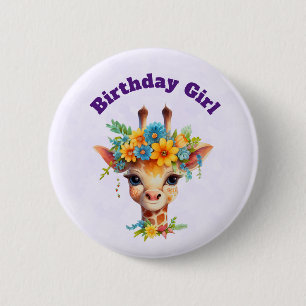 Macaron Rond 5 Cm Girafe fille d'anniversaire avec couronne fleurie