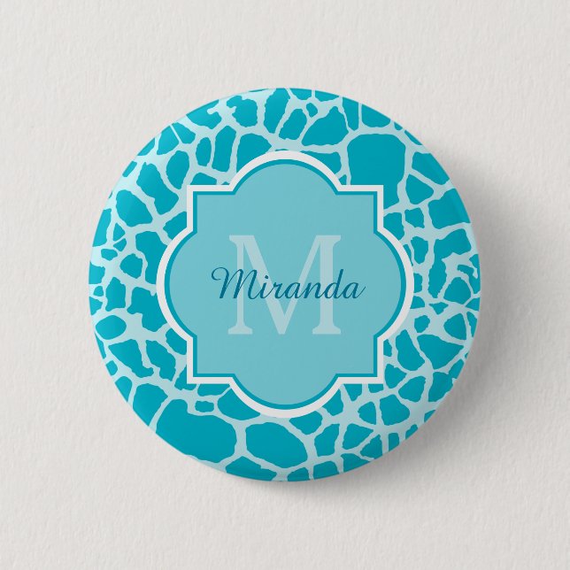 Macaron Rond 5 Cm Girafe Turquoise Moderne Imprimer Monogramme Avec  (Devant)