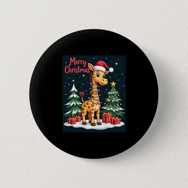 Macaron Rond 5 Cm Giraffe Joyeux sapin de Noël Éclairage Père Noël G (Devant)
