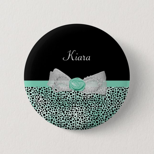Macaron Rond 5 Cm Girl Mint Green Cheetah Imprimer Cute Bow et nom (Devant)