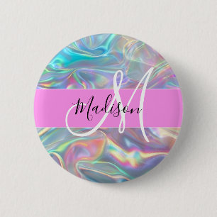 Macaron Rond 5 Cm Girl Rainbow Holographic Iridescente Monogramme No