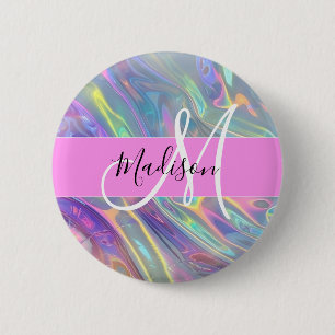 Macaron Rond 5 Cm Girl Rainbow Holographic Iridescente Monogramme No