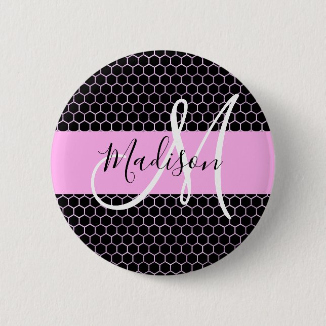 Macaron Rond 5 Cm Glam Black Metallic Rose Honeycomb Nom du monogram (Devant)