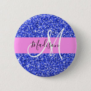Macaron Rond 5 Cm Glam Bleu foncé Rose Paillettes Étincelles Monogra