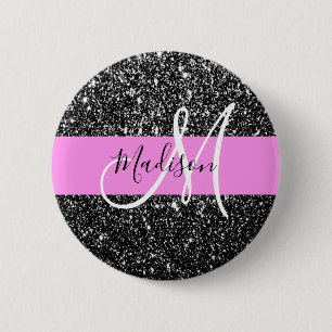 Macaron Rond 5 Cm Glam Chic Rose Noir Paillettes Brillantes Monogram