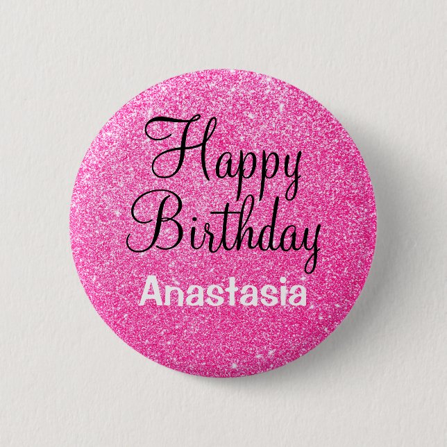 Macaron Rond 5 Cm Glam Happy Birthday Hot rose Parties scintillant N (Devant)