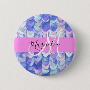 Macaron Rond 5 Cm Glam Iridescent Écailles de Sirène Monogramme Bleu