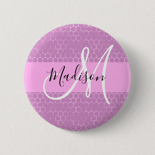 Macaron Rond 5 Cm Glam Lilas Métallisé Rose Nid d'Abeille Monogramme