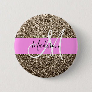 Macaron Rond 5 Cm Glam Pink Champagne Gold Glitter Sparkle Monogram
