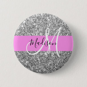 Macaron Rond 5 Cm Glam Pink & Silver Glitter Sparkles Monogram Name