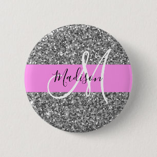 Macaron Rond 5 Cm Glam Pink & Silver Glitter Sparkles Monogram Name