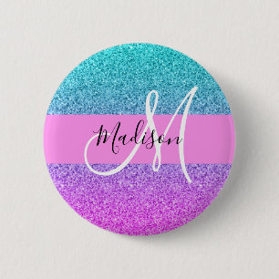 Macaron Rond 5 Cm Glam Purple Aqua Glitter Sparkle Gradient Monogram