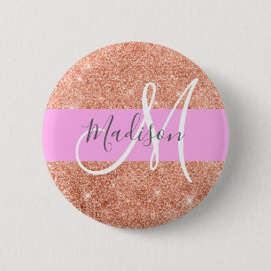 Macaron Rond 5 Cm Glamour Féminin Rose Pêche Or Paillettes Monogramm