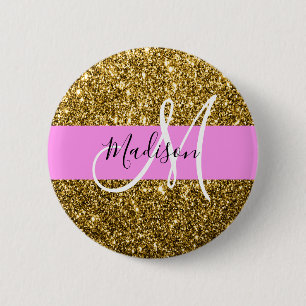 Macaron Rond 5 Cm Glamour Rose et Or Paillettes Monogramme Nom