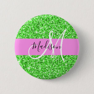 Macaron Rond 5 Cm Glamour Rose et Vert Paillettes Monogramme Nom