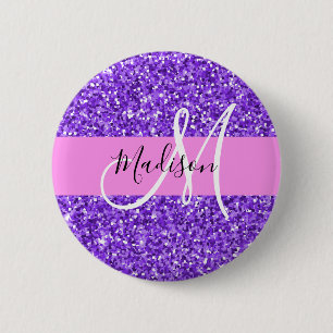 Macaron Rond 5 Cm Glamour Violet & Rose Paillettes Monogramme Nom