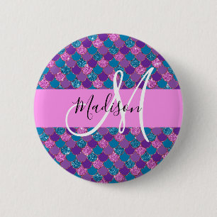 Macaron Rond 5 Cm Glamour Violet Sirène Paillettes Monogramme Nom