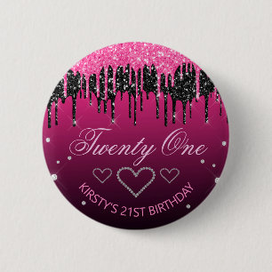 Macaron Rond 5 Cm Glamourux Anniversaire Noir & Rose Paillettes qui