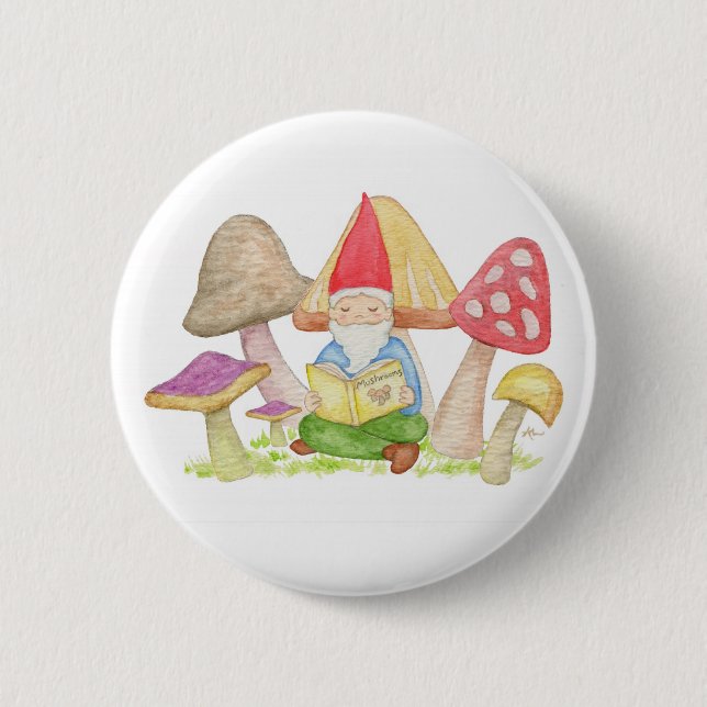 Macaron Rond 5 Cm Gnome avec bouton Livre de champignons (Devant)