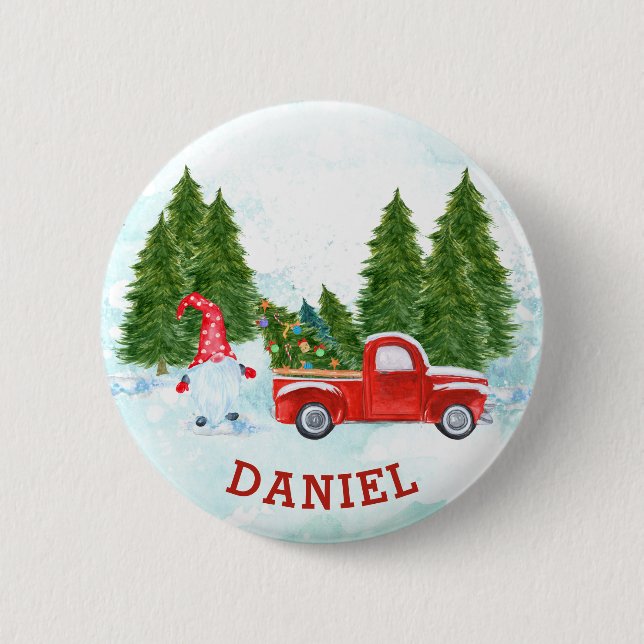 Macaron Rond 5 Cm Gnome avec camion rouge de Noël (Devant)