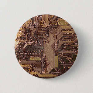 Macaron Rond 5 Cm Gold Cyber Circuit Board Tech Art Electronique