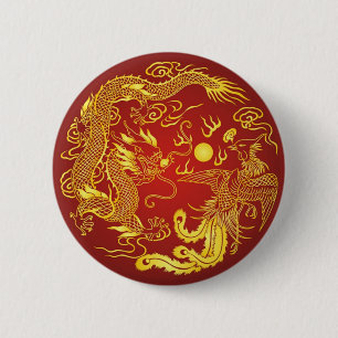 Macaron Rond 5 Cm Gold Red Dragon Phoenix Chinese Wedding Favor