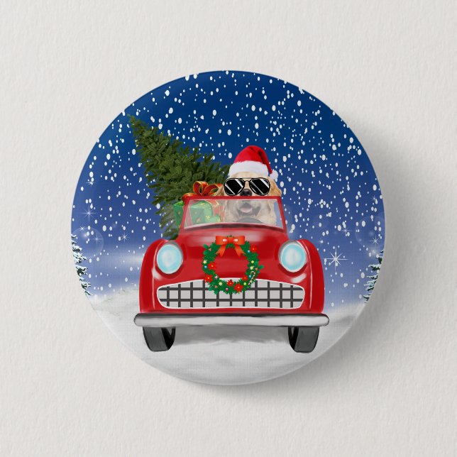 Macaron Rond 5 Cm Golden Retriever Chien Conduite Voiture En Noël De (Devant)
