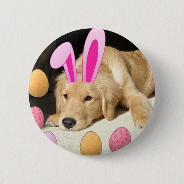Macaron Rond 5 Cm Golden Retriever de Pâques (Devant)