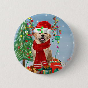 Macaron Rond 5 Cm Golden Retriever Dog en neige avec cadeaux de Noël