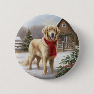 Macaron Rond 5 Cm Golden Retriever Dog in Snow Christmas