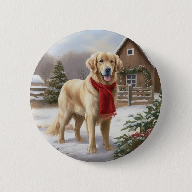 Macaron Rond 5 Cm Golden Retriever Dog in Snow Christmas (Devant)