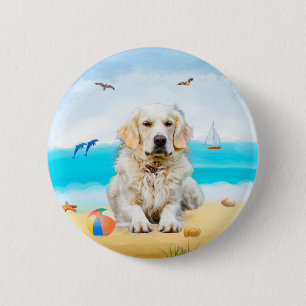 Macaron Rond 5 Cm Golden Retriever Dog sur la plage